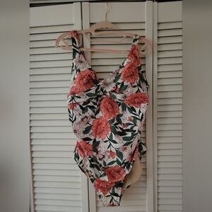 Kona Sol Coral Floral One-Piece Swimsuit with Green Leaves
